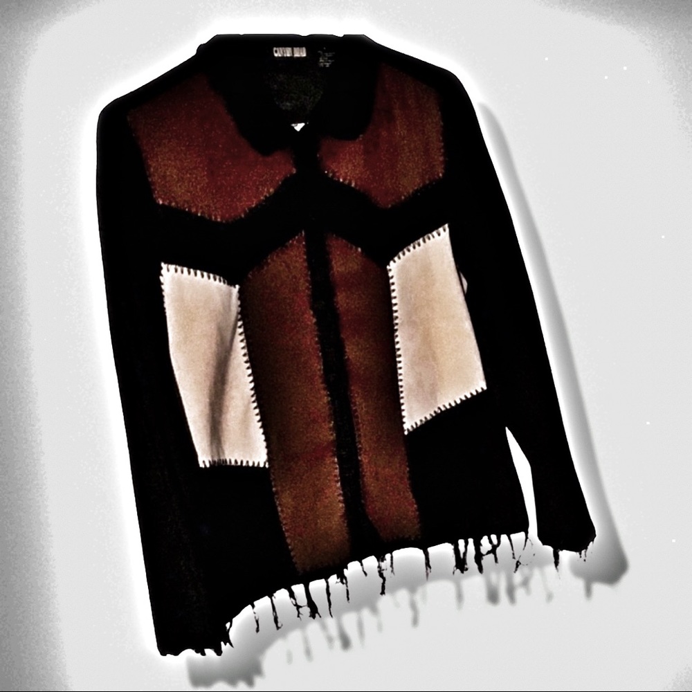 Size S brown tan Vintage fringe suede patchwork jacket